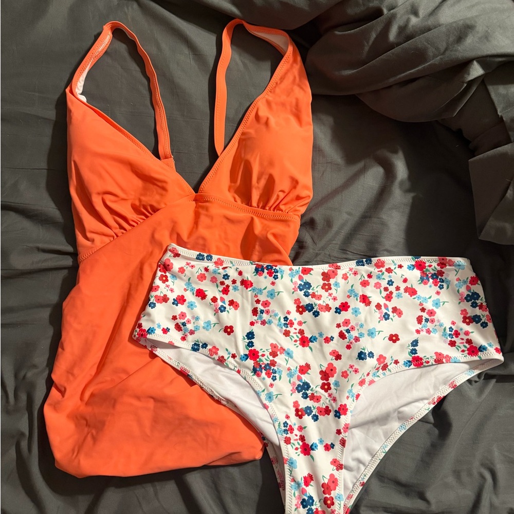 Orange Tankini Top with Floral High-Waist Bottoms